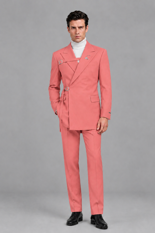 Savile Men's Coral Double Buckle Wrap Belted 2-Piece Suit Set – Peak Lapel Slim-Fit Jacket & Trousers - Coral - Coral_2