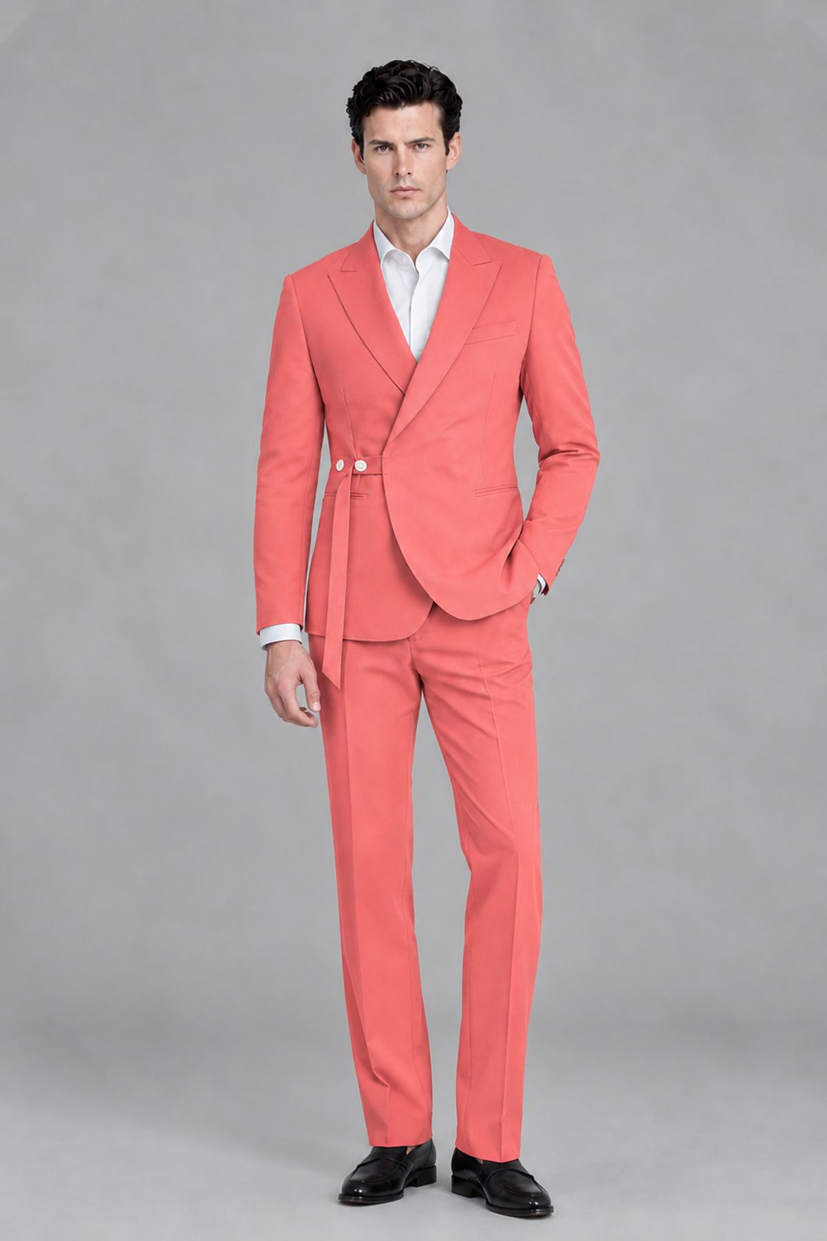 Savile Men's Modern Coral 2-Piece Wrap Suit Set – Peak Lapel Side-Button Blazer & Tailored Trousers - Coral - Coral_2