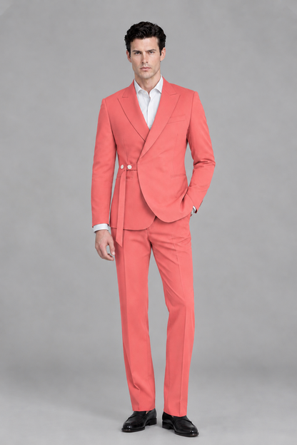 Savile Men's Modern Coral 2-Piece Wrap Suit Set – Peak Lapel Side-Button Blazer & Tailored Trousers - Coral - Coral_2
