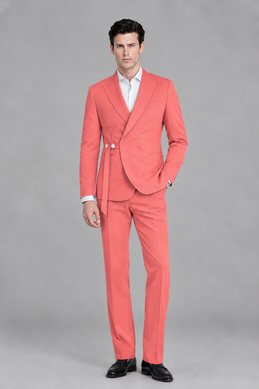 Savile Men's Modern Coral 2-Piece Wrap Suit Set – Peak Lapel Side-Button Blazer & Tailored Trousers - Coral - Coral_2