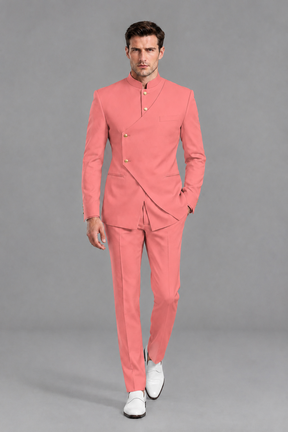 Savile Men's Coral Asymmetrical Mandarin Collar Tuxedo Suit – Modern 2-Piece Gold Button Wedding, Prom & Gala Set - Coral - Coral_2