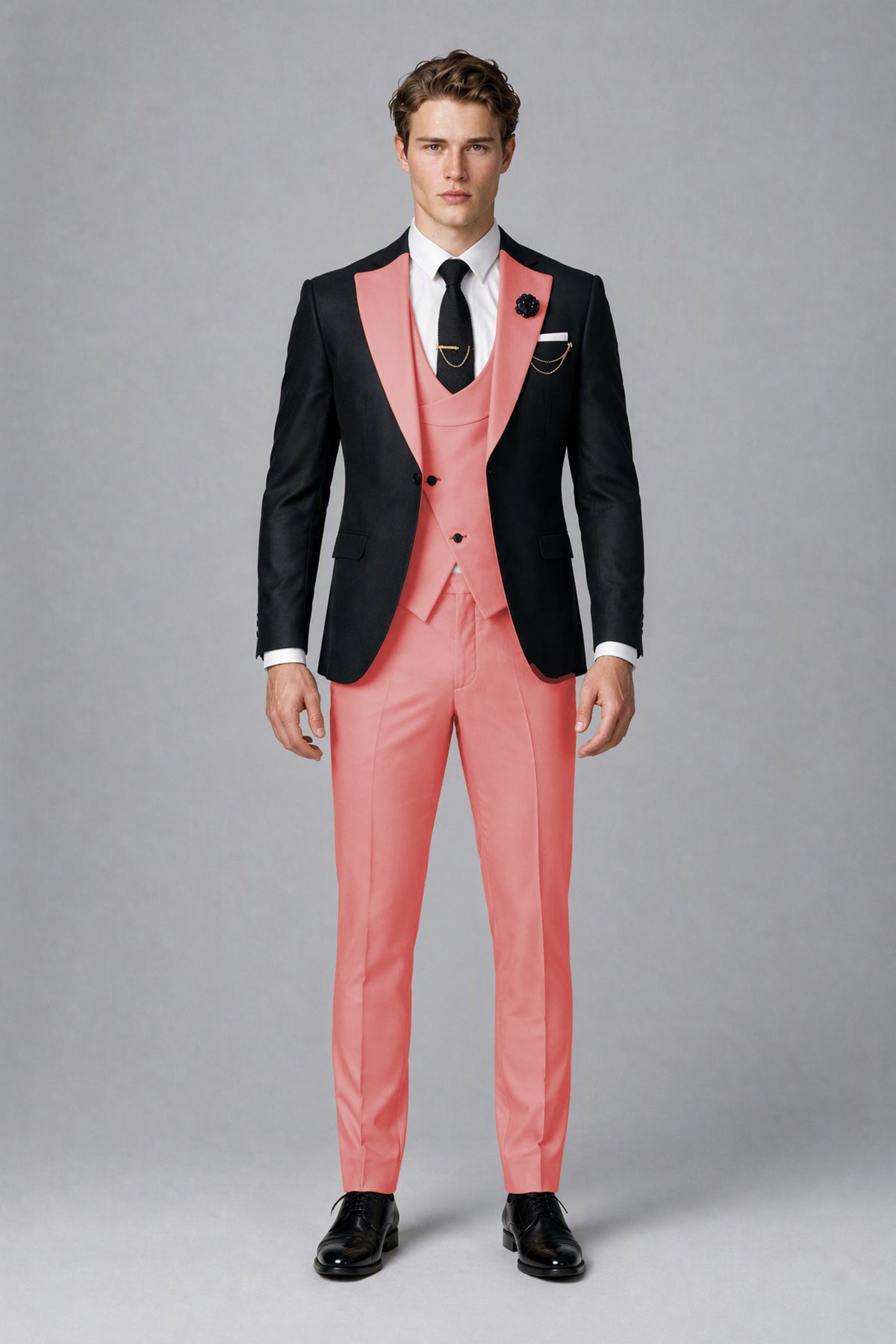 Savile Men's Black & Coral Three-Piece Wedding Suit - Coral