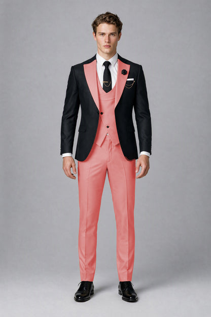 Savile Men's Black & Coral Three-Piece Wedding Suit - Coral