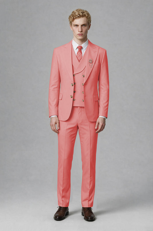 Savile Men's Coral Three-Piece Wedding Suit with Double-Breasted Waistcoat - Coral