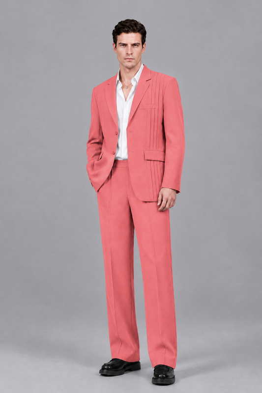 Savile Men's Coral Pleated 2-Piece Suit Set | Notch Lapel Blazer & Tailored Trousers - Coral - Coral_2