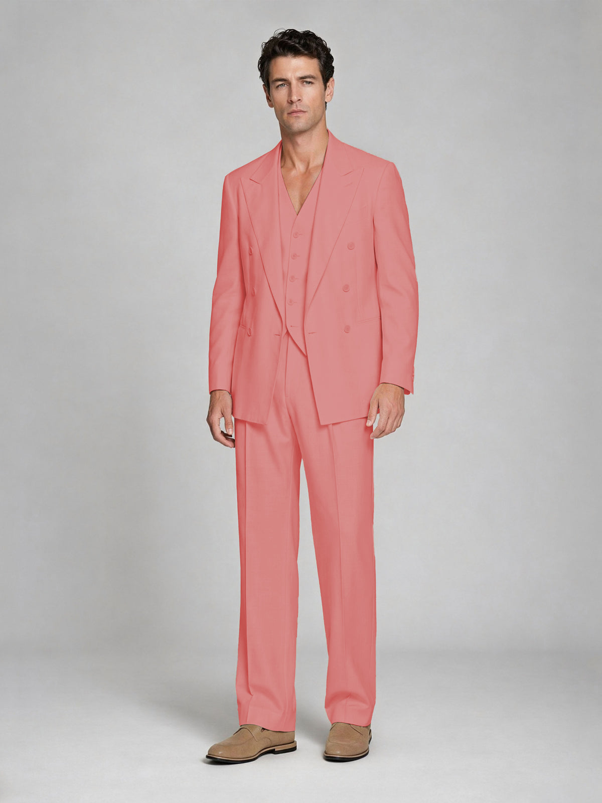 Men's Coral Double-Breasted 2-Piece Suit – Peak Lapel Wedding & Beach Formal Set with Vest - Coral