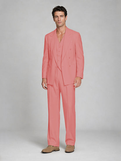 Men's Coral Double-Breasted 2-Piece Suit – Peak Lapel Wedding & Beach Formal Set with Vest - Coral