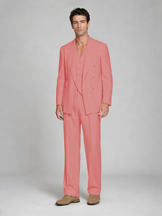 Men's Coral Double-Breasted 2-Piece Suit – Peak Lapel Wedding & Beach Formal Set with Vest - Coral
