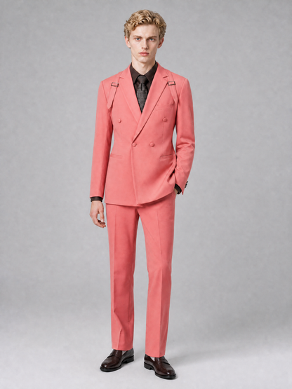 Men's Light Coral Double-Breasted Slim Fit 2-Piece Suit – Peak Lapel Wedding & Business Formal Set - Coral - Coral_2