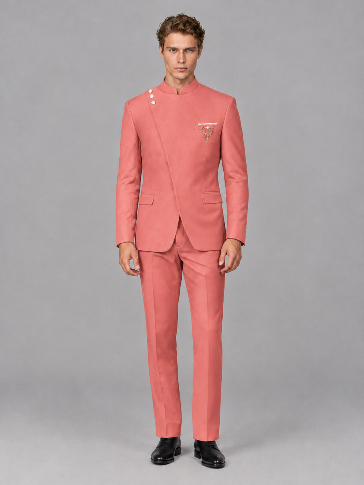 Savile Men's Coral Mandarin Collar Asymmetrical 2-Piece Suit Set – Modern Jacket & Trousers - Coral - Coral_2