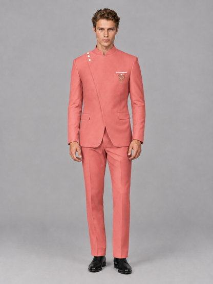 Savile Men's Coral Mandarin Collar Asymmetrical 2-Piece Suit Set – Modern Jacket & Trousers - Coral - Coral_2