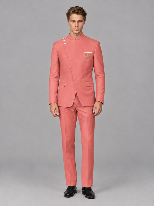 Savile Men's Coral Mandarin Collar Asymmetrical 2-Piece Suit Set – Modern Jacket & Trousers - Coral - Coral_2