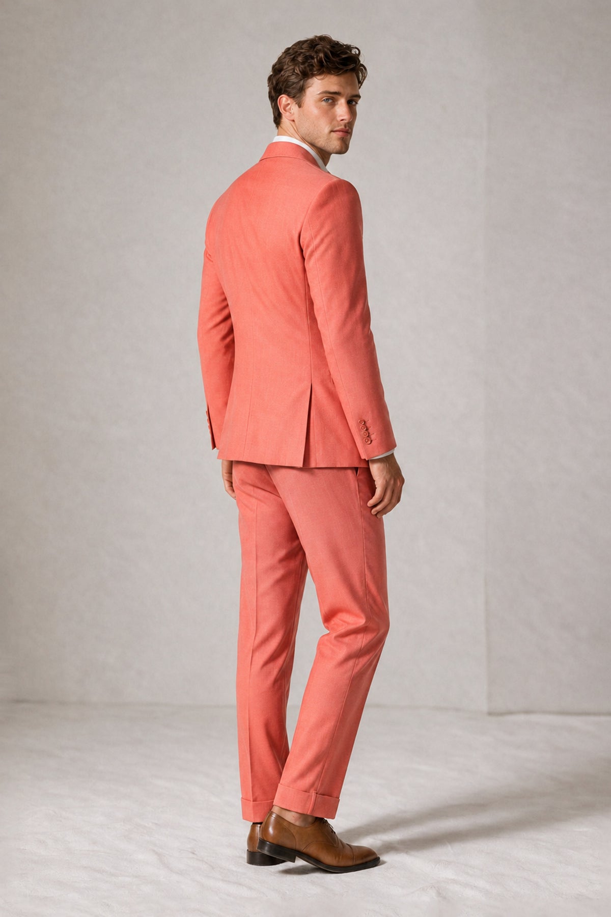 Savile Men's Coral Double-Breasted Slim Fit 2-Piece Suit Set – Peak Lapel Blazer & Cuffed Trousers | Wedding Prom Formal - Coral