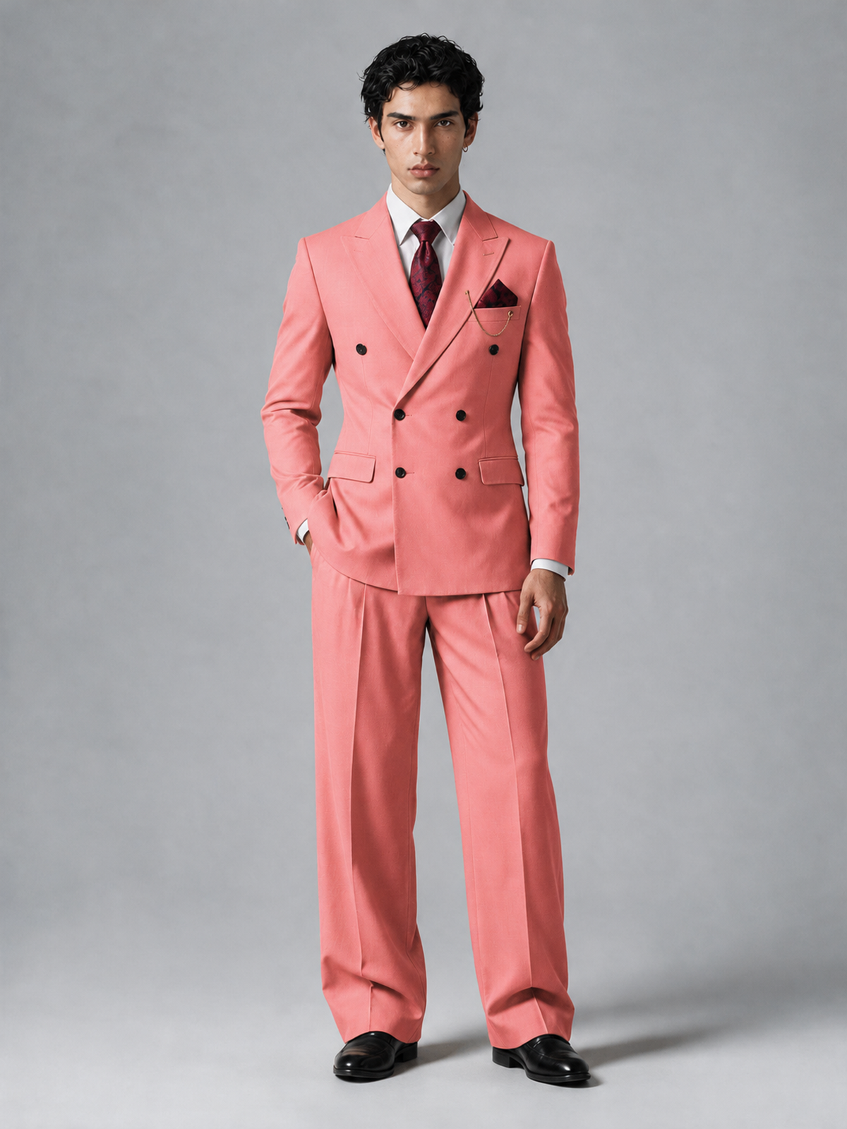 Savile Men's Coral Double-Breasted 2-Piece Suit Set – Peak Lapel Blazer & Pleated Wide-Leg Trousers - Coral - Coral_2