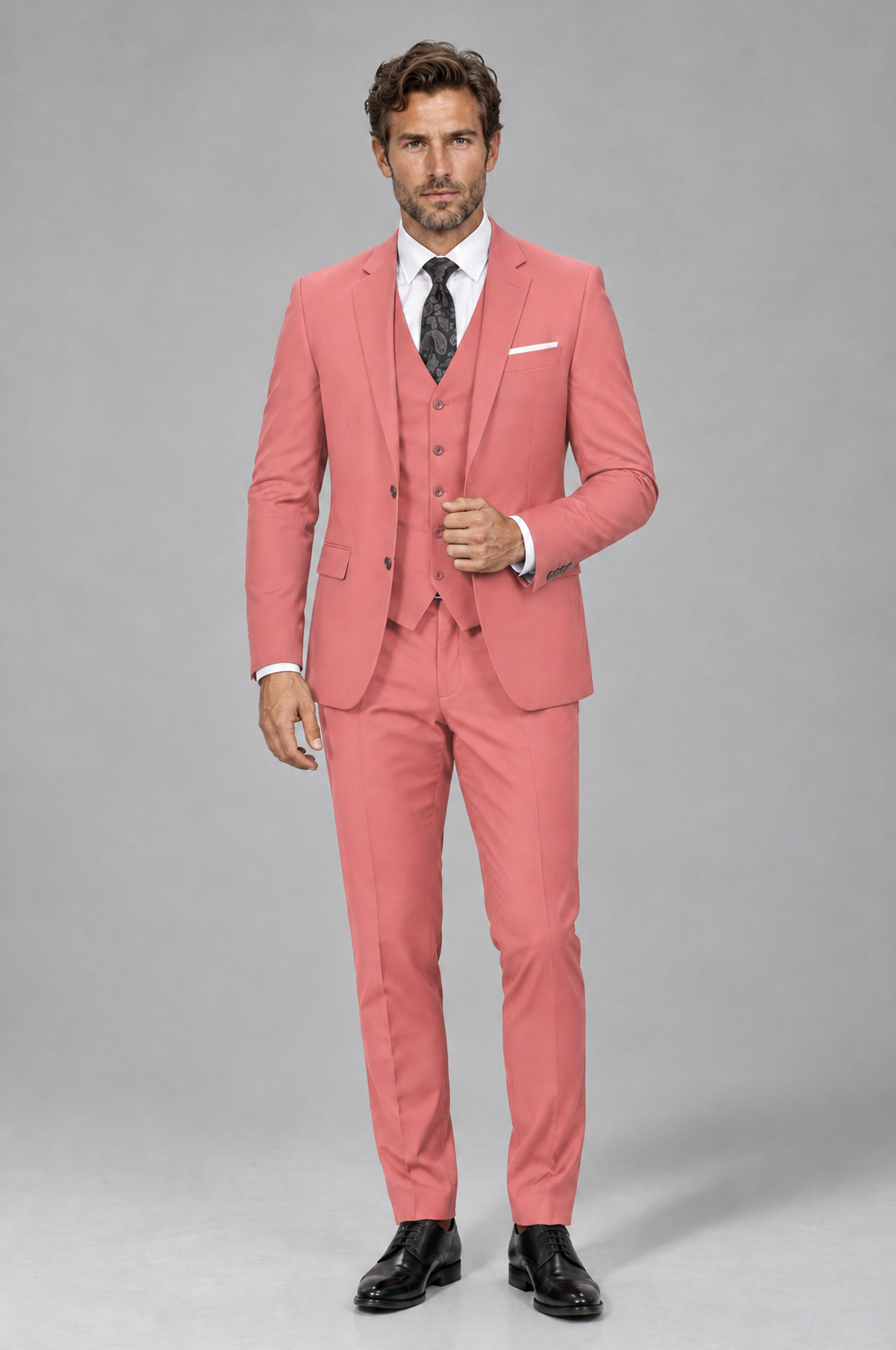 Savile Men's Coral 3-Piece Suit Set – Notch Lapel Blazer, Vest & Trousers - Coral - Coral_2