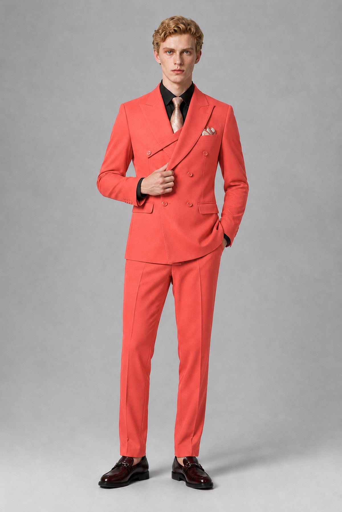 Savile Men's Coral Double-Breasted Two-Piece Suit - Coral