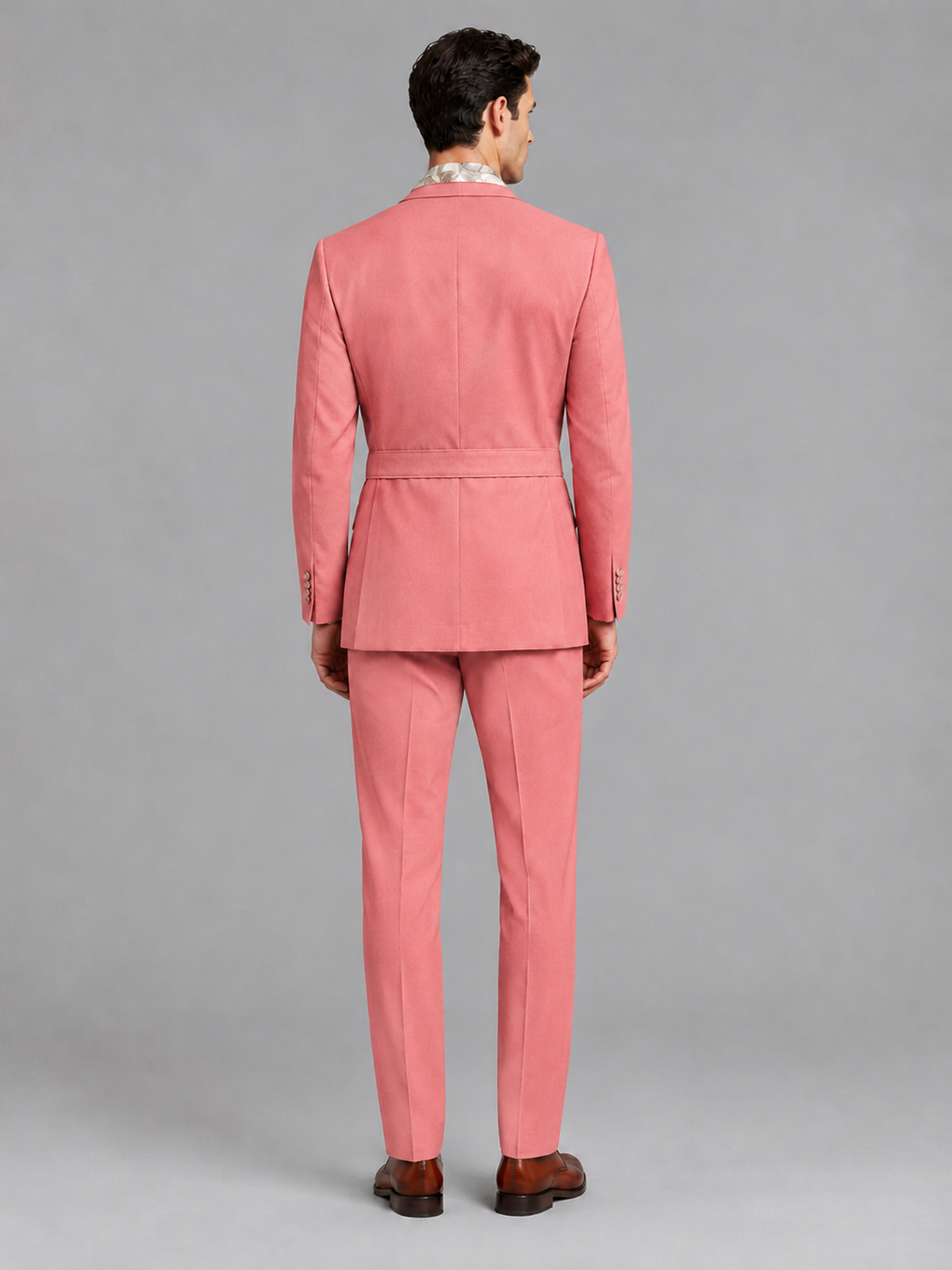 Savile Men's Coral Belted Wrap 2-Piece Suit – Peak Lapel Blazer & Tailored Trousers - SUC060 - Coral - Coral_3