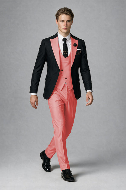 Savile Men's Black & Coral Three-Piece Wedding Suit - Coral