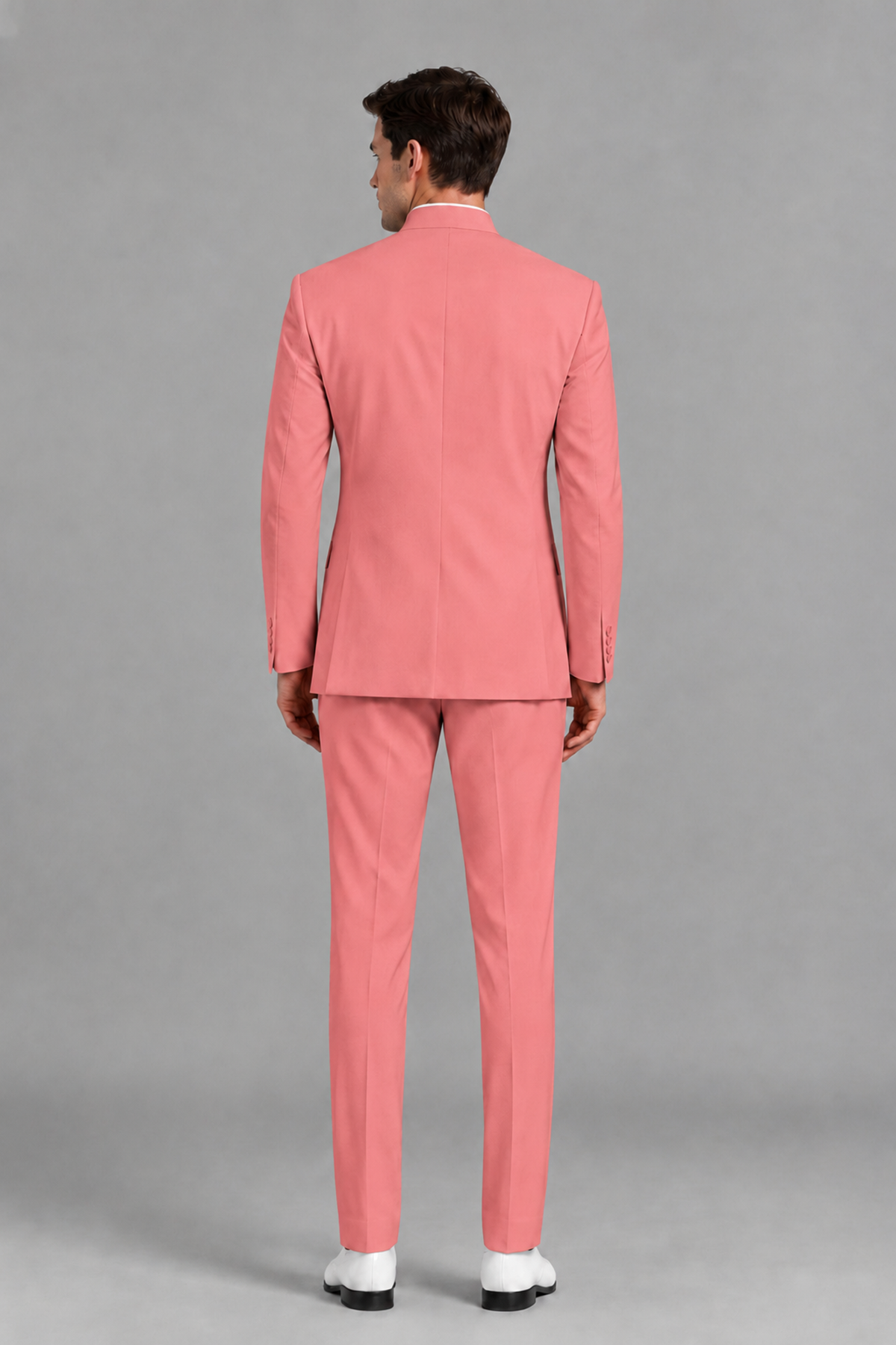 Savile Men's Coral Asymmetrical Mandarin Collar Tuxedo Suit – Modern 2-Piece Gold Button Wedding, Prom & Gala Set - Coral - Coral_3