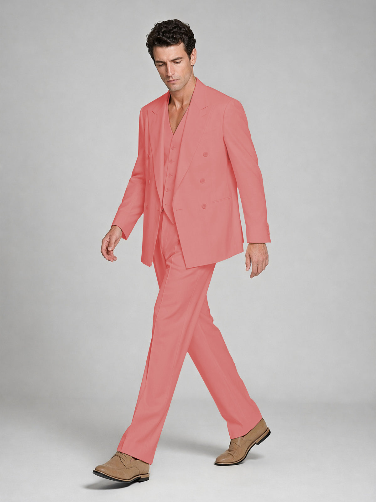 Men's Coral Double-Breasted 2-Piece Suit – Peak Lapel Wedding & Beach Formal Set with Vest - Coral