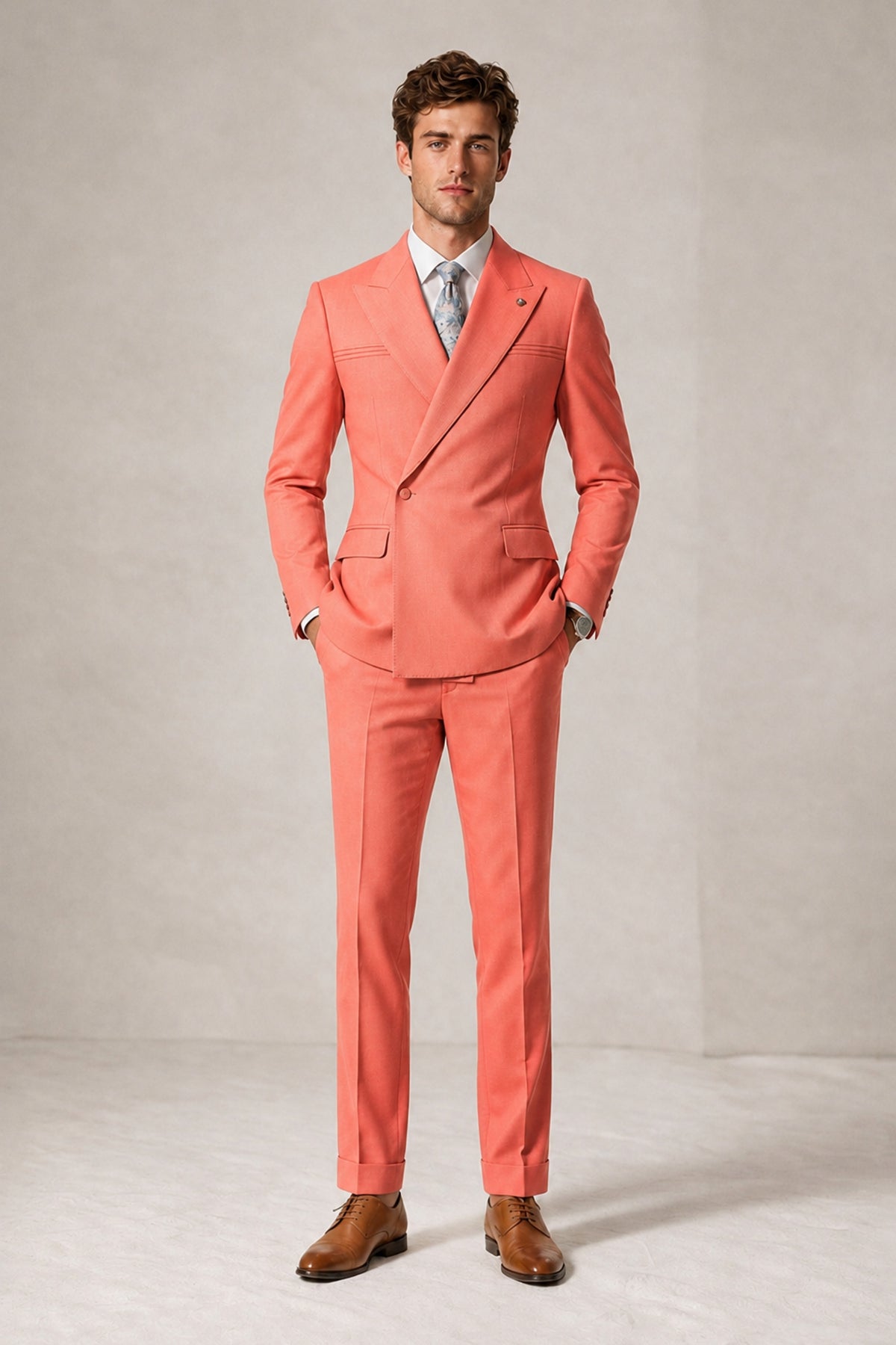 Savile Men's Coral Double-Breasted Slim Fit 2-Piece Suit Set – Peak Lapel Blazer & Cuffed Trousers | Wedding Prom Formal - Coral