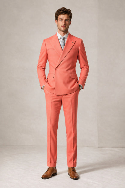 Savile Men's Coral Double-Breasted Slim Fit 2-Piece Suit Set – Peak Lapel Blazer & Cuffed Trousers | Wedding Prom Formal - Coral