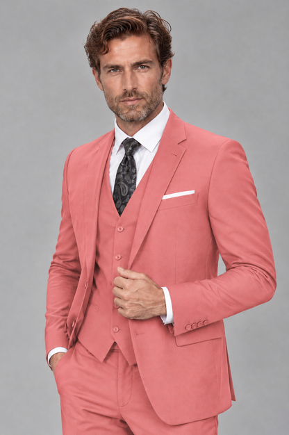 Savile Men's Coral 3-Piece Suit Set – Notch Lapel Blazer, Vest & Trousers - Coral - Coral_3