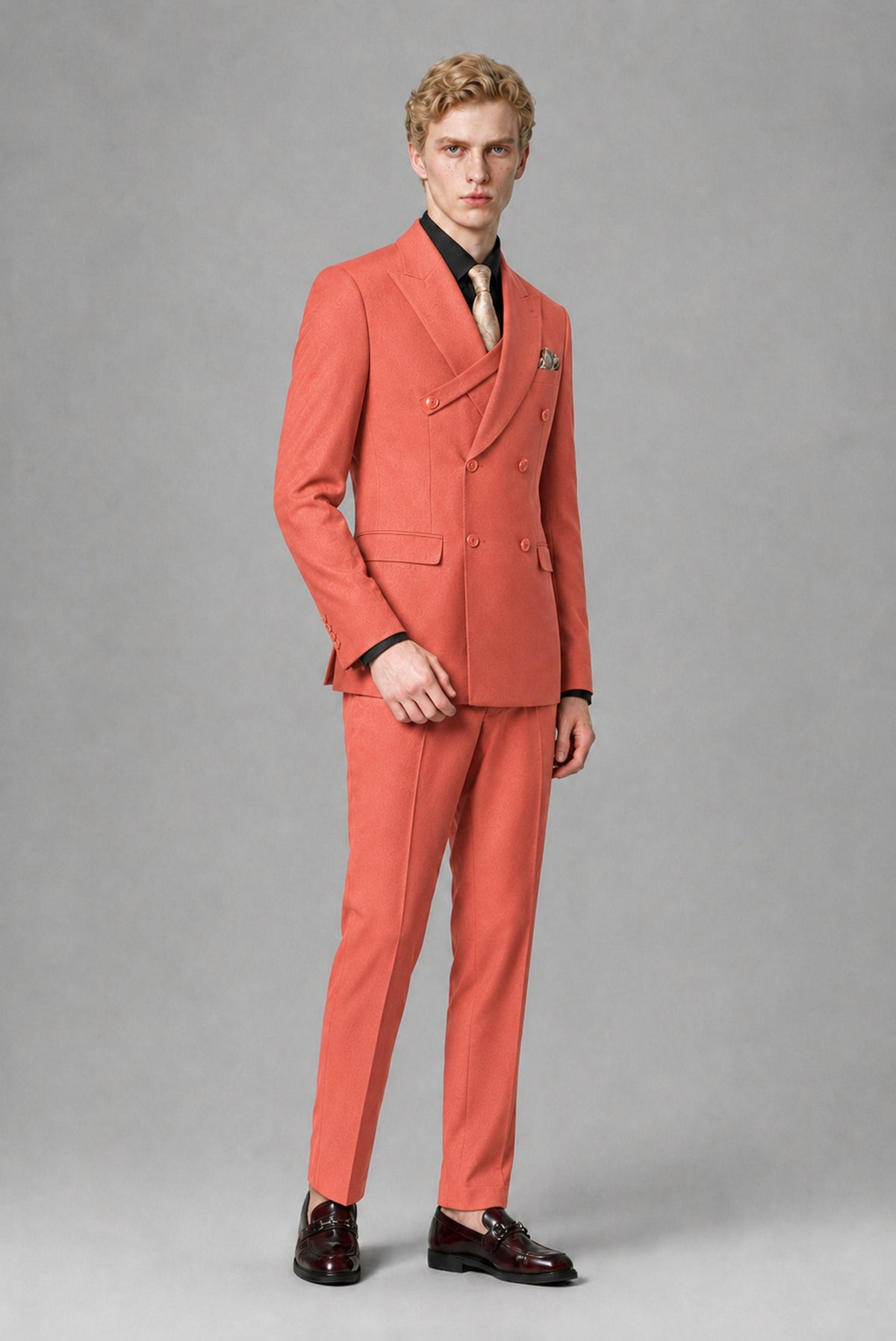 Savile Men's Coral Double-Breasted Two-Piece Suit - Coral