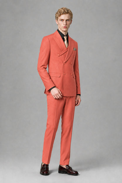 Savile Men's Coral Double-Breasted Two-Piece Suit - Coral
