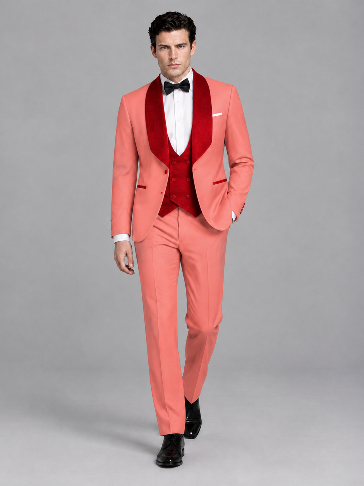 Savile Men's Coral 3-Piece Tuxedo Suit Set – Contrast Red Shawl Lapel Blazer, Red Waistcoat & Trousers - SUC020 - Coral