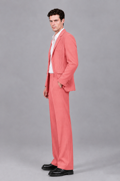 Savile Men's Coral Pleated 2-Piece Suit Set | Notch Lapel Blazer & Tailored Trousers - Coral - Coral_4