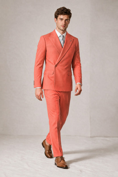 Savile Men's Coral Double-Breasted Slim Fit 2-Piece Suit Set – Peak Lapel Blazer & Cuffed Trousers | Wedding Prom Formal - Coral