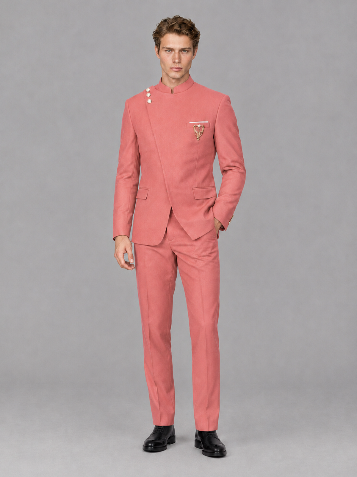 Savile Men's Coral Mandarin Collar Asymmetrical 2-Piece Suit Set – Modern Jacket & Trousers - Coral - Coral_4