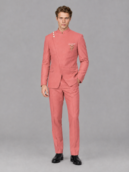 Savile Men's Coral Mandarin Collar Asymmetrical 2-Piece Suit Set – Modern Jacket & Trousers - Coral - Coral_4
