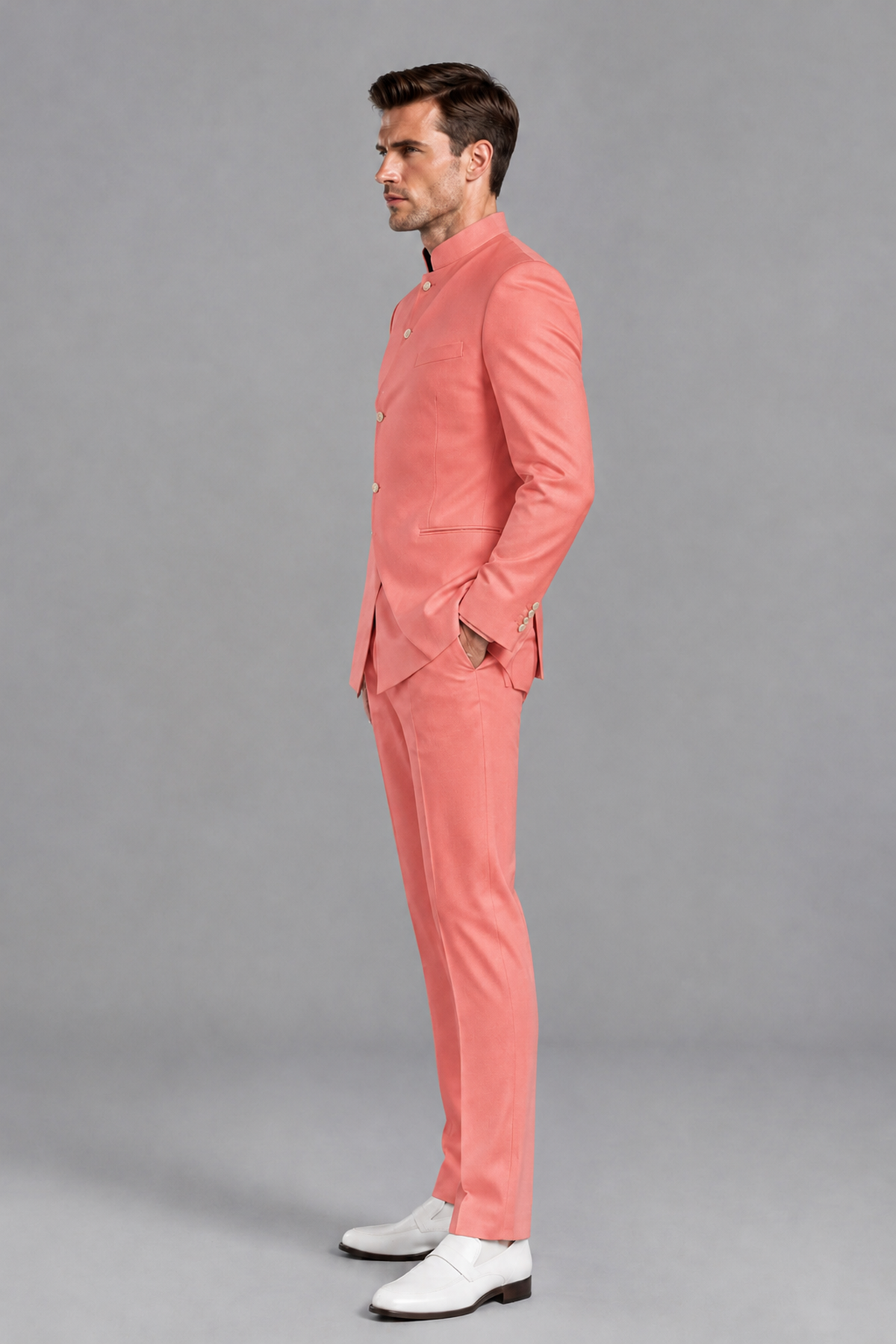 Savile Men's Coral Asymmetrical Mandarin Collar Tuxedo Suit – Modern 2-Piece Gold Button Wedding, Prom & Gala Set - Coral - Coral_4