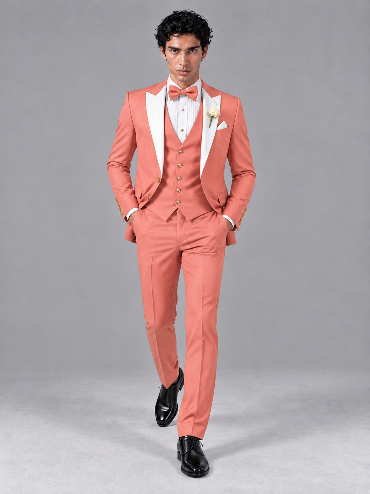 Savile Men's Coral Contrast White Peak Lapel 3-Piece Tuxedo Suit - Coral