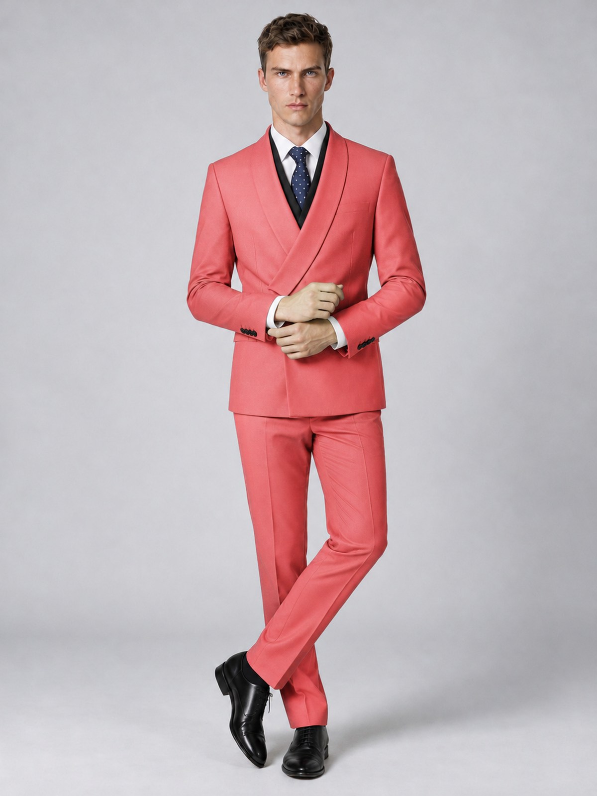 Savile Men's Coral Wrap Shawl Lapel 2-Piece Suit Set – Modern Jacket & Trousers - Coral - Coral_4