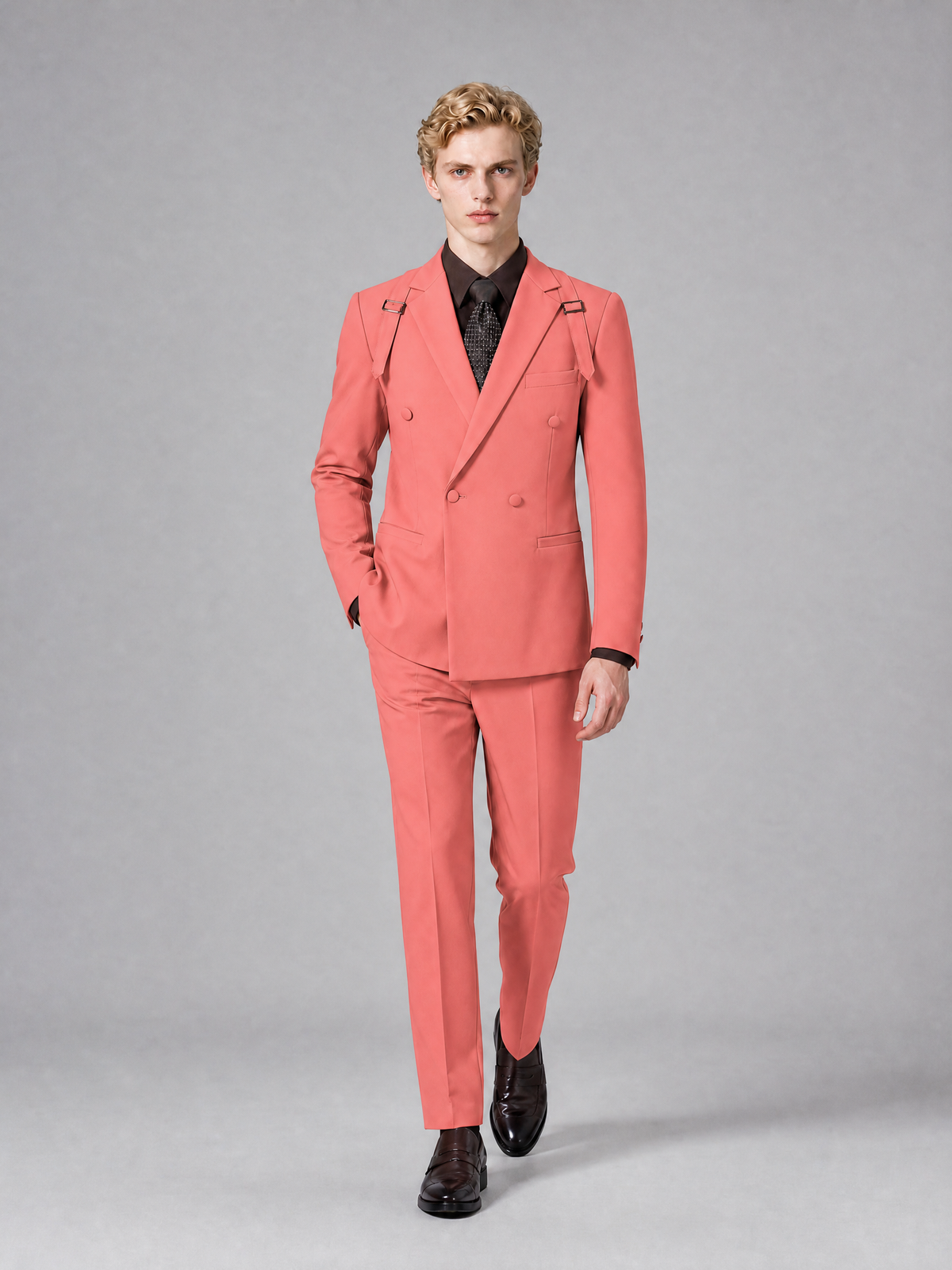 Men's Light Coral Double-Breasted Slim Fit 2-Piece Suit – Peak Lapel Wedding & Business Formal Set - Coral - Coral_4