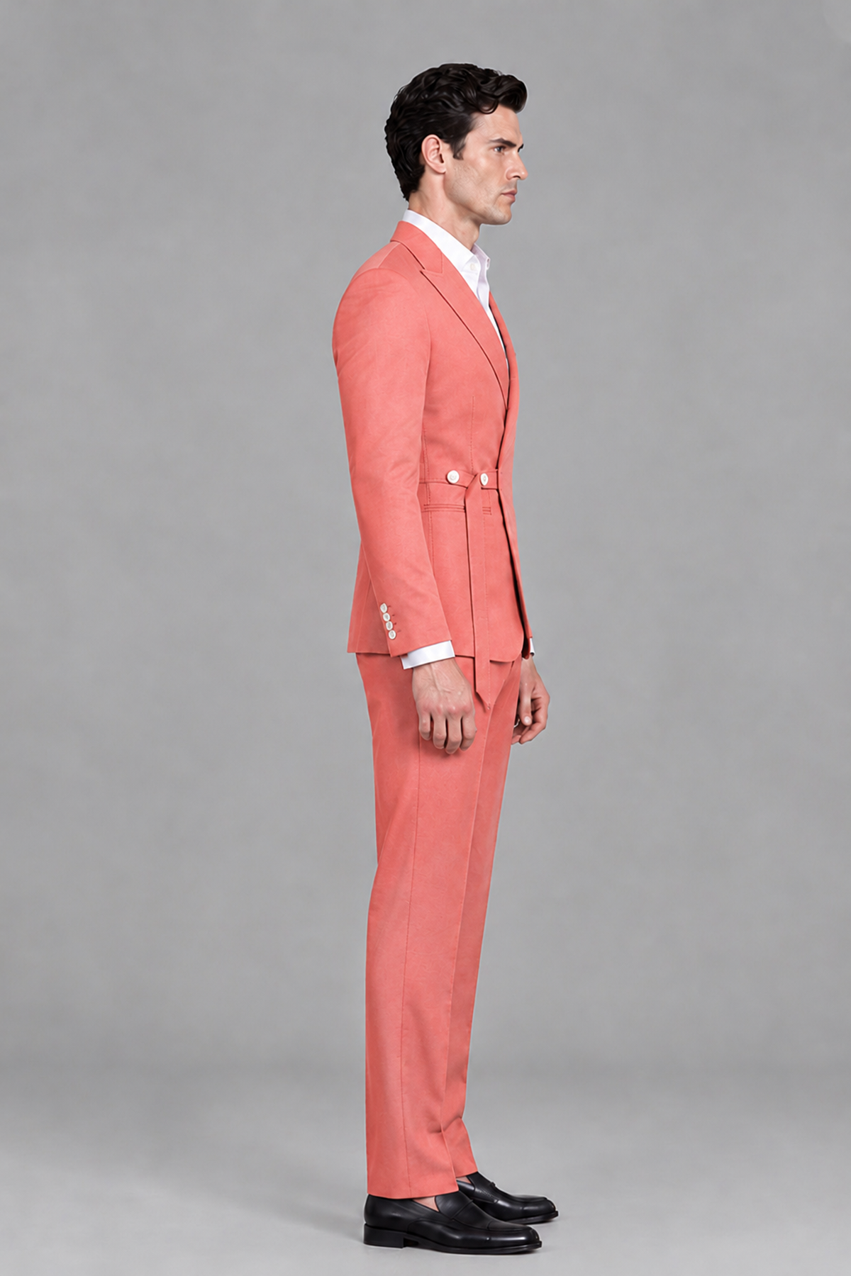 Savile Men's Modern Coral 2-Piece Wrap Suit Set – Peak Lapel Side-Button Blazer & Tailored Trousers - Coral - Coral_4