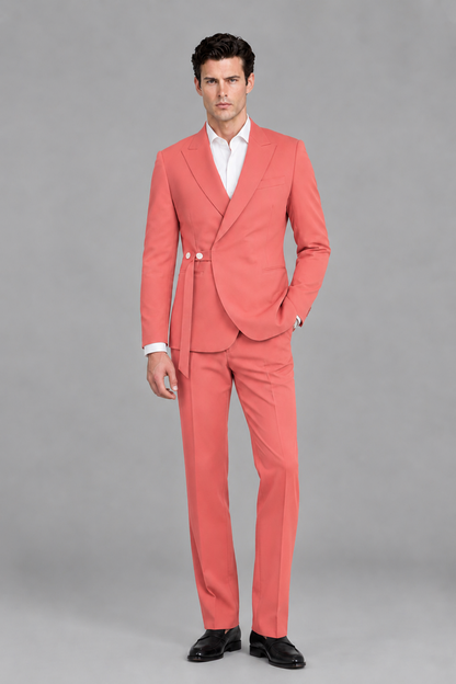 Savile Men's Modern Coral 2-Piece Wrap Suit Set – Peak Lapel Side-Button Blazer & Tailored Trousers - Coral - Coral_5