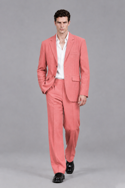 Savile Men's Coral Pleated 2-Piece Suit Set | Notch Lapel Blazer & Tailored Trousers - Coral - Coral_5