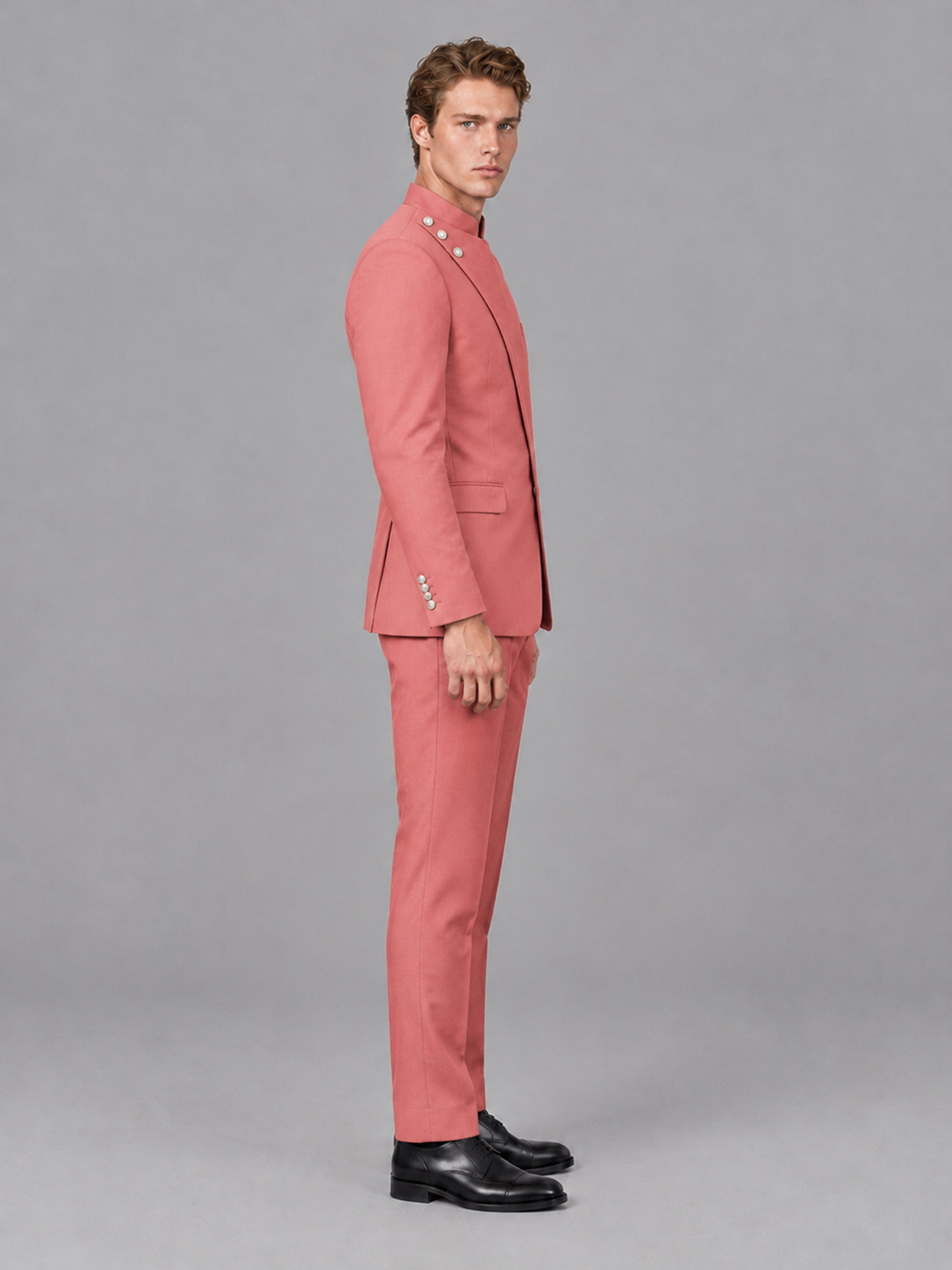 Savile Men's Coral Mandarin Collar Asymmetrical 2-Piece Suit Set – Modern Jacket & Trousers - Coral - Coral_5