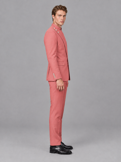 Savile Men's Coral Mandarin Collar Asymmetrical 2-Piece Suit Set – Modern Jacket & Trousers - Coral - Coral_5