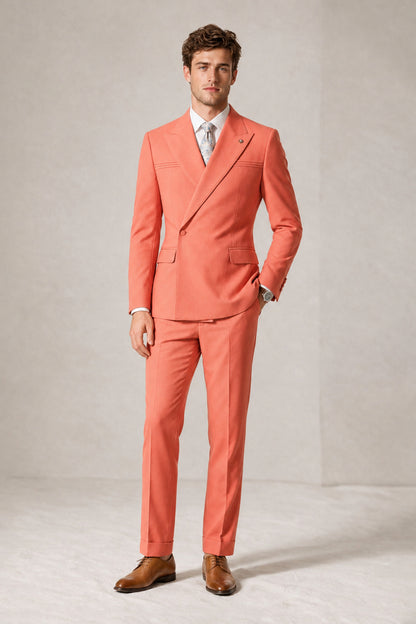 Savile Men's Coral Double-Breasted Slim Fit 2-Piece Suit Set – Peak Lapel Blazer & Cuffed Trousers | Wedding Prom Formal - Coral