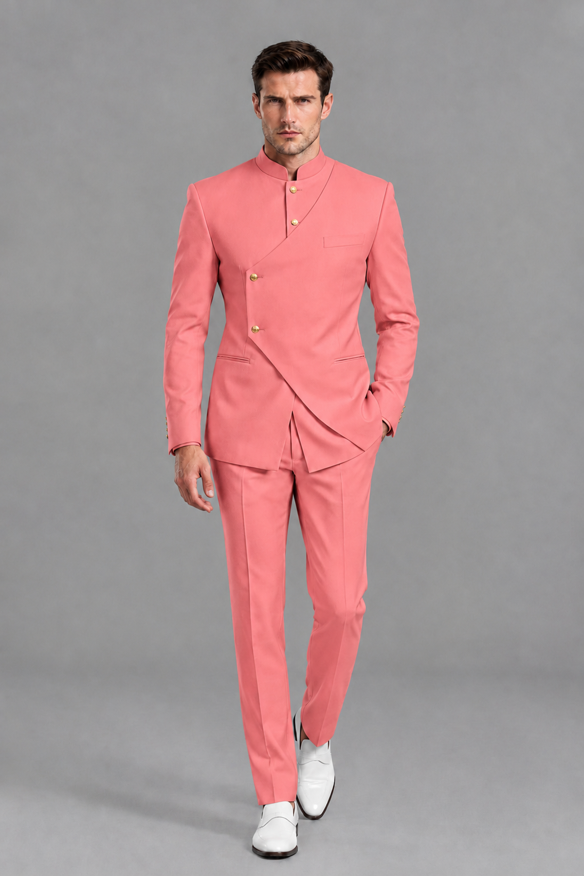 Savile Men's Coral Asymmetrical Mandarin Collar Tuxedo Suit – Modern 2-Piece Gold Button Wedding, Prom & Gala Set - Coral - Coral_5