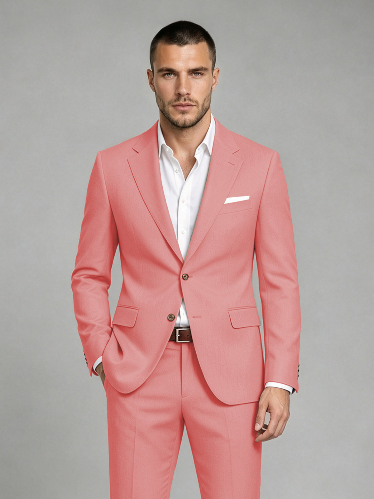 Savile Men's Dark Coral Wool-Blend 2-Piece Suit Set – Two-Button Notch Lapel Slim-Fit Blazer & Turn-Up Trousers - Coral