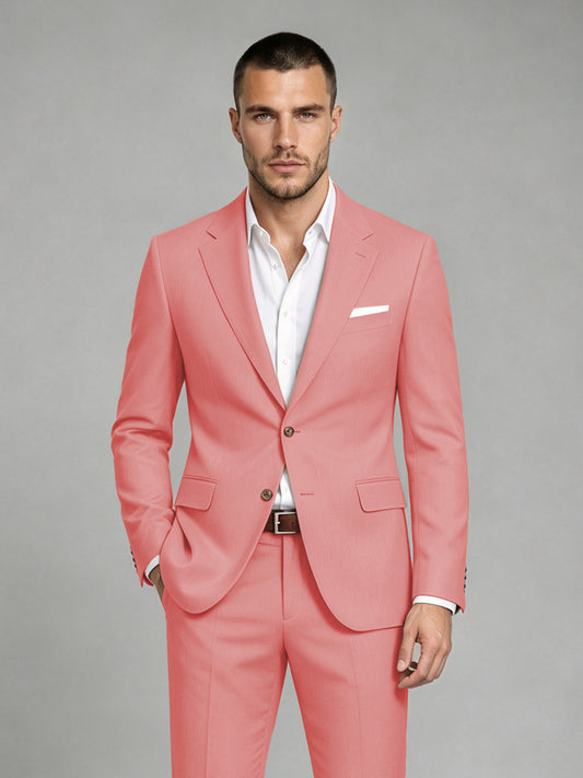 Savile Men's Dark Coral Wool-Blend 2-Piece Suit Set – Two-Button Notch Lapel Slim-Fit Blazer & Turn-Up Trousers - Coral