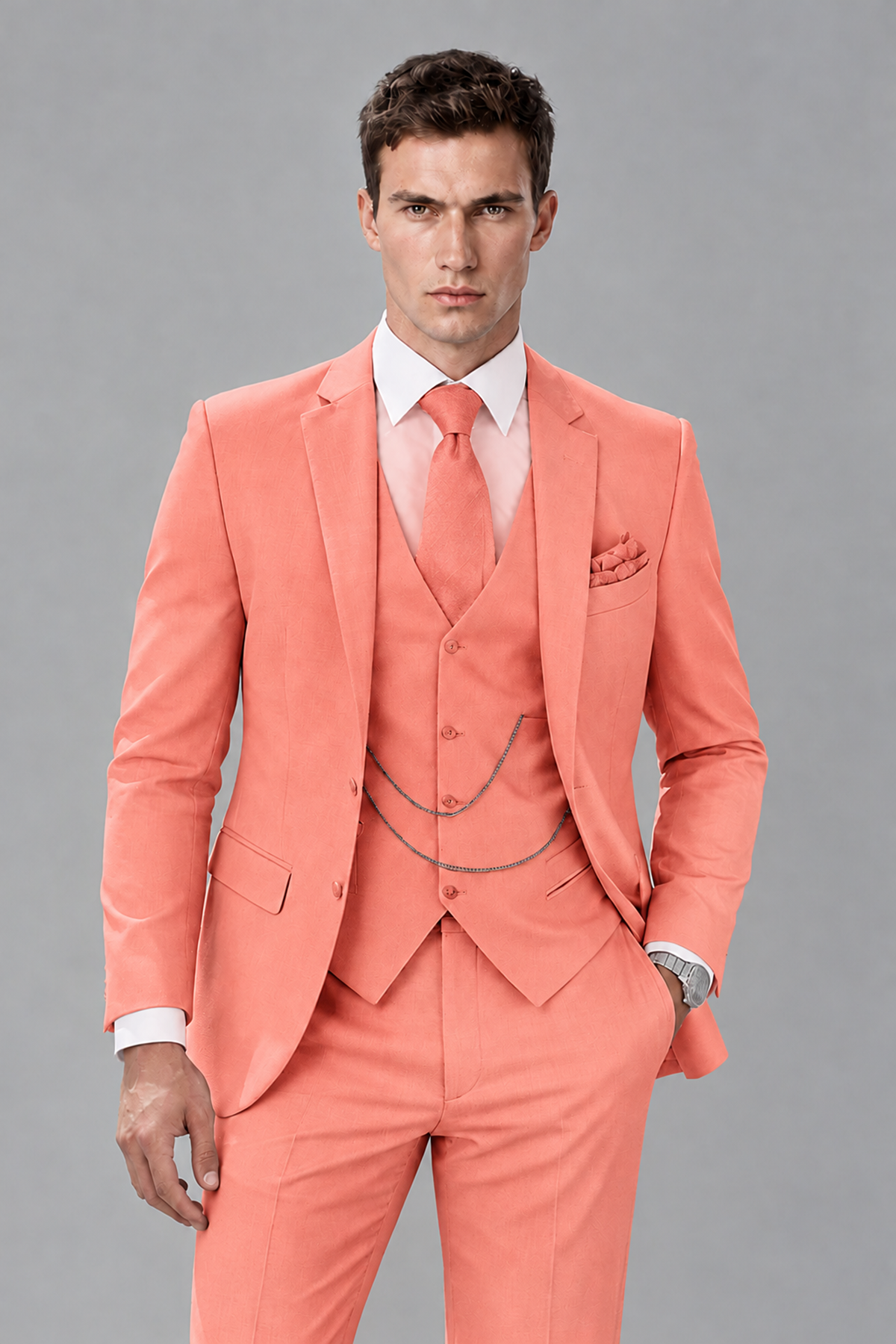 Savile Coral 3-Piece Suit with Notch Lapel & Chain Vest - Coral