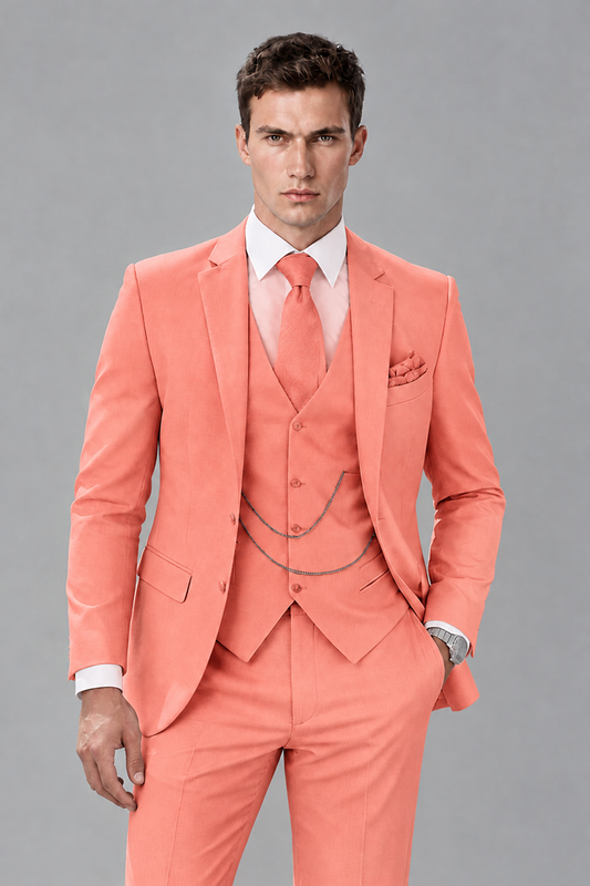 Savile Coral 3-Piece Suit with Notch Lapel & Chain Vest - Coral
