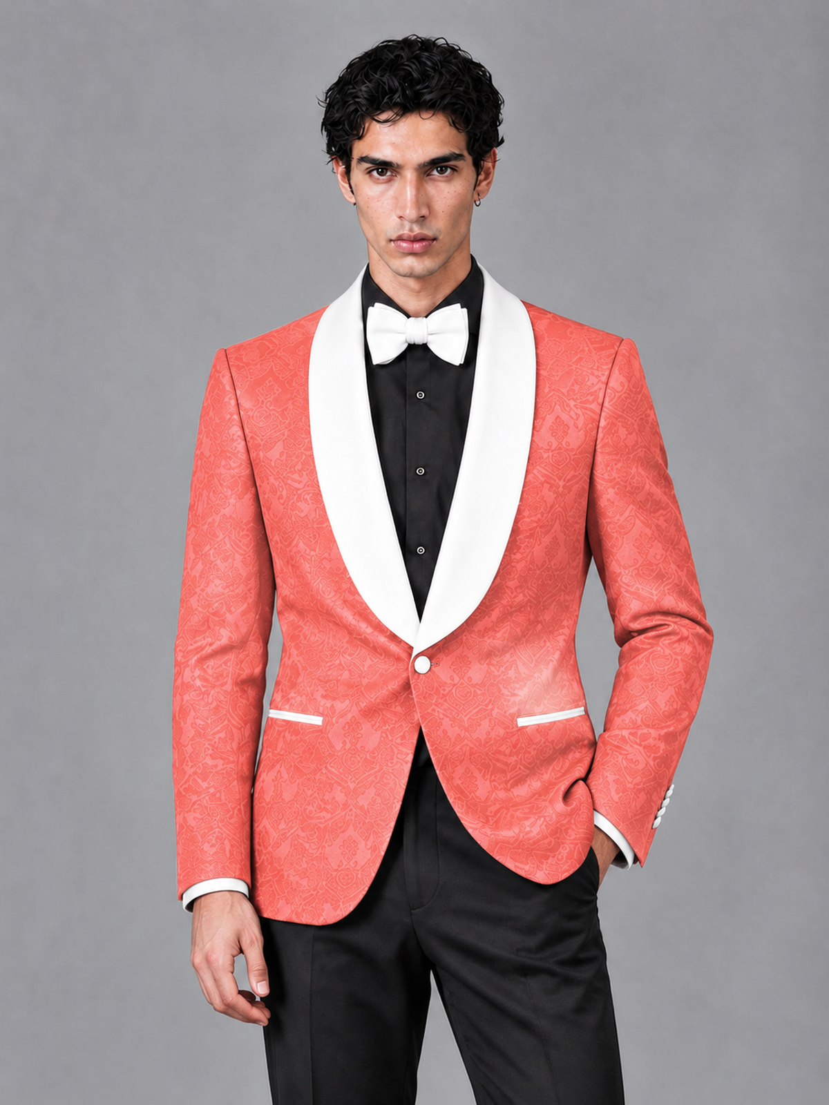 Savile Men's Coral Jacquard White Shawl Lapel 2-Piece Tuxedo Suit Set | Jacket & Trousers - Coral - Coral (1)